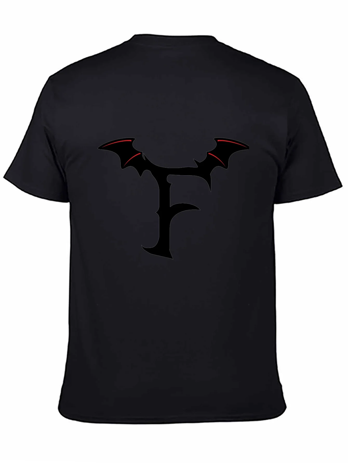 Mens Black T-Shirt with Gothic F Bat Wing Design