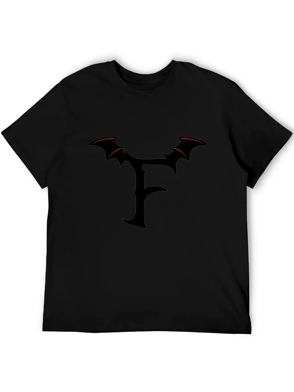 Mens Black T-Shirt with Gothic F Bat Wing Design