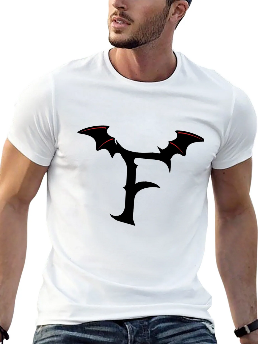 Mens Black T-Shirt with Gothic F Bat Wing Design