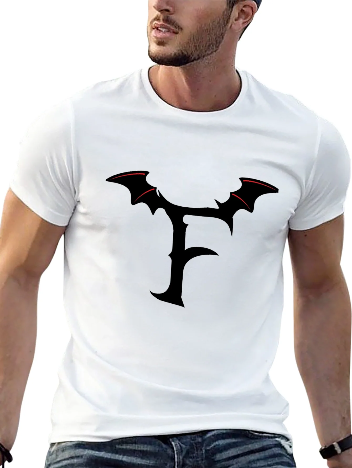 Mens Black T-Shirt with Gothic F Bat Wing Design