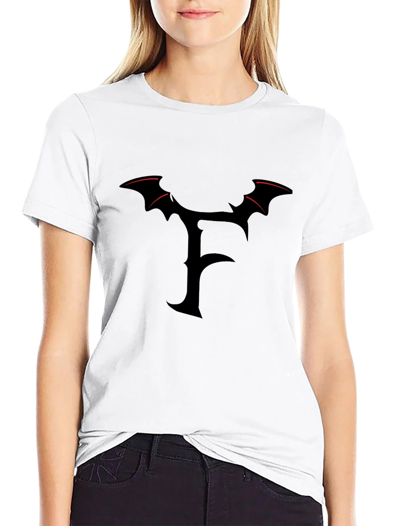 Mens Black T-Shirt with Gothic F Bat Wing Design