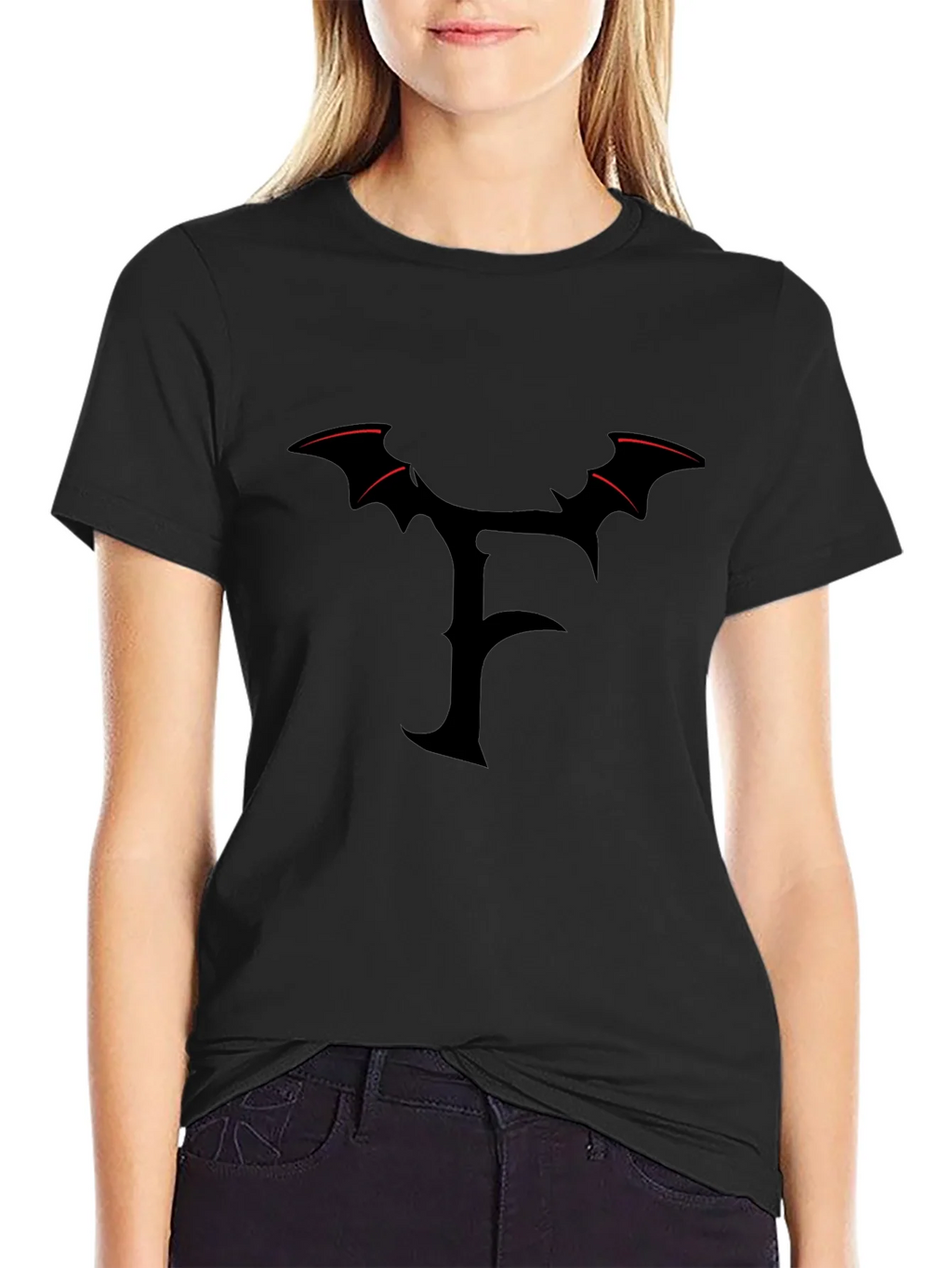 Mens Black T-Shirt with Gothic F Bat Wing Design