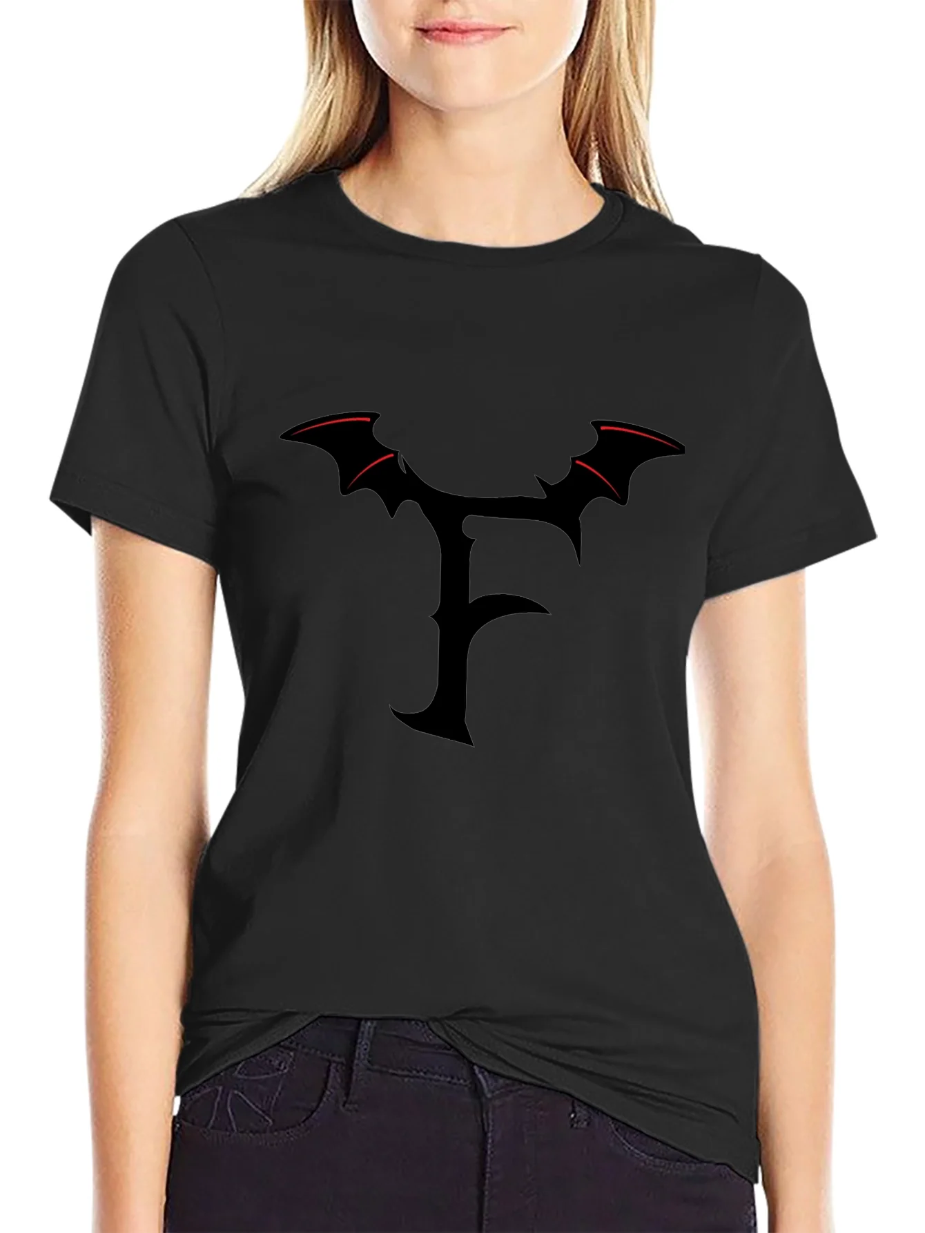 Mens Black T-Shirt with Gothic F Bat Wing Design