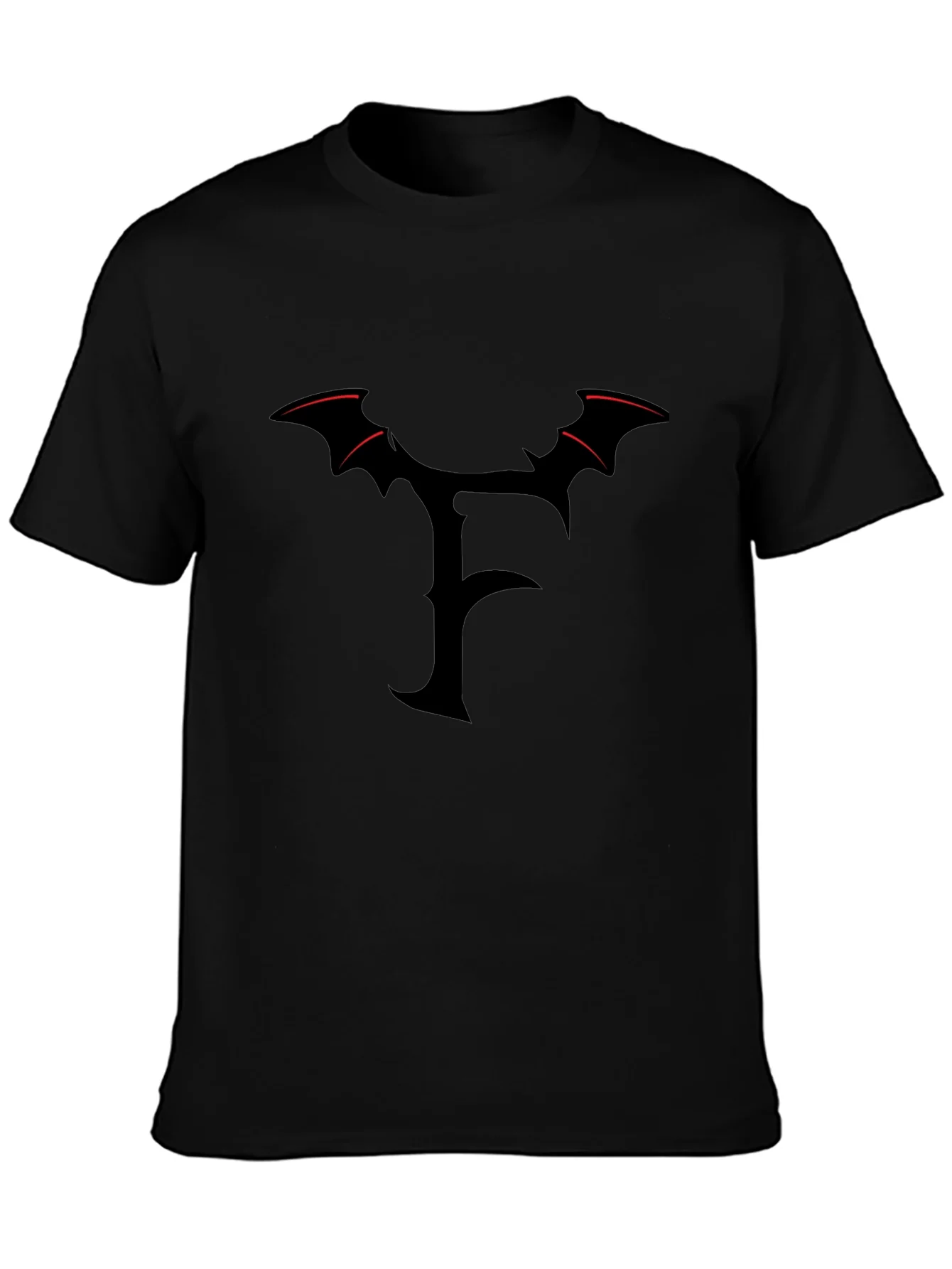 Mens Black T-Shirt with Gothic F Bat Wing Design