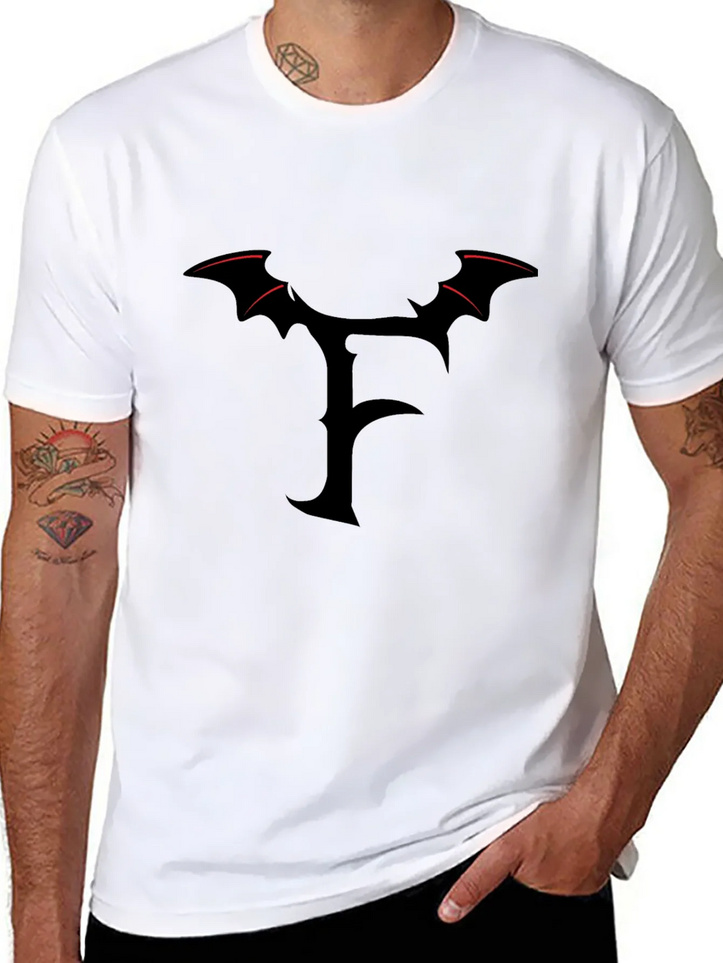 Mens Black T-Shirt with Gothic F Bat Wing Design