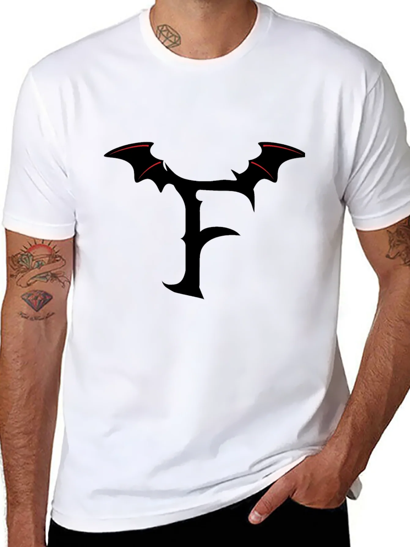 Mens Black T-Shirt with Gothic F Bat Wing Design