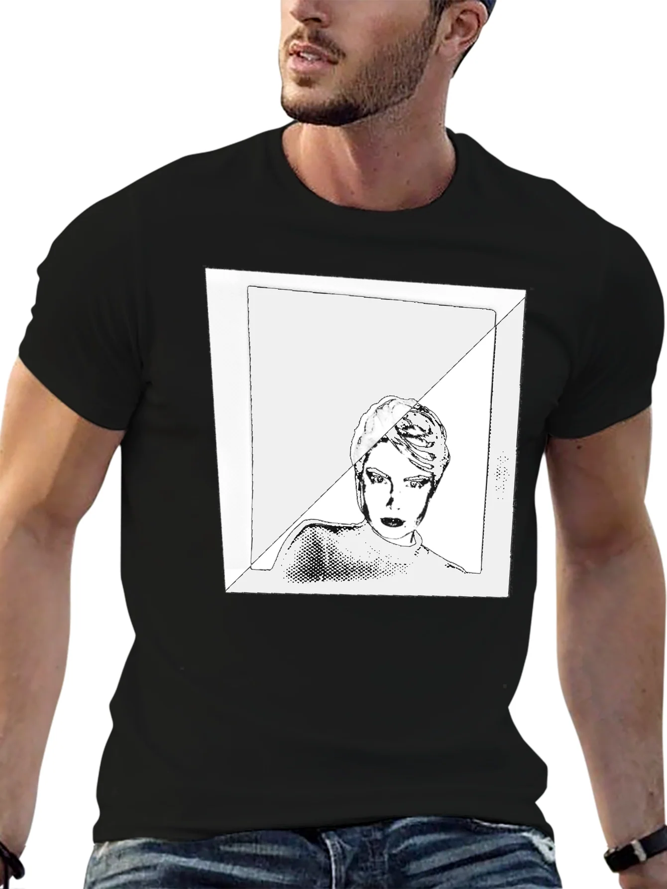 Black Graphic Tee with Edgy Portrait Design