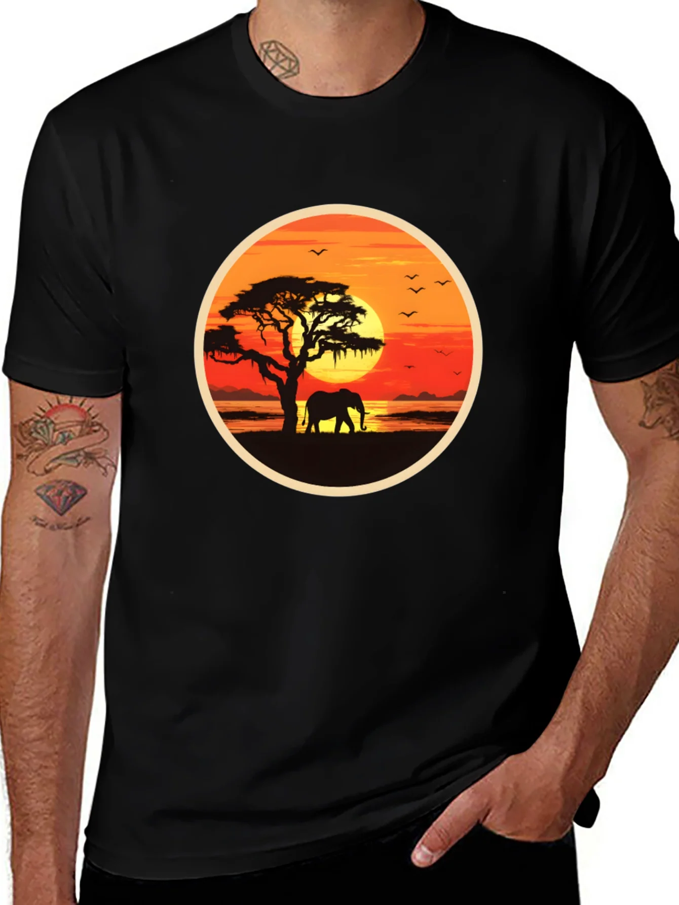 African Sunset Elephant Graphic Tee - Black