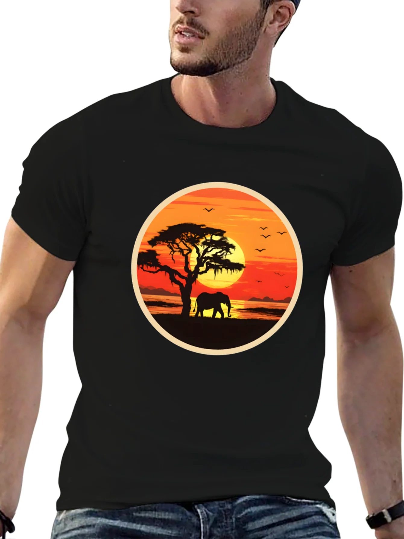 African Sunset Elephant Graphic Tee - Black