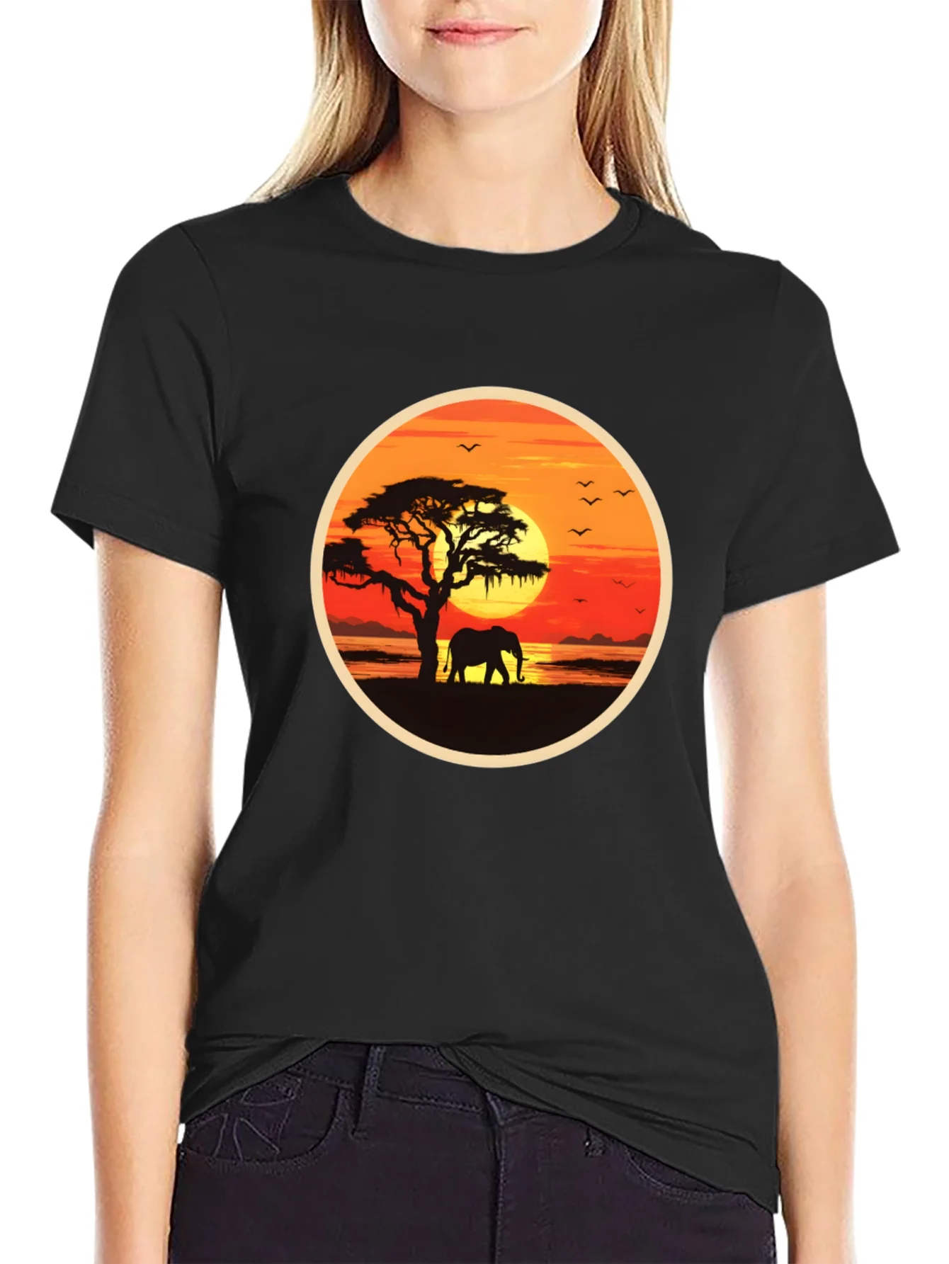 African Sunset Elephant Graphic Tee - Black
