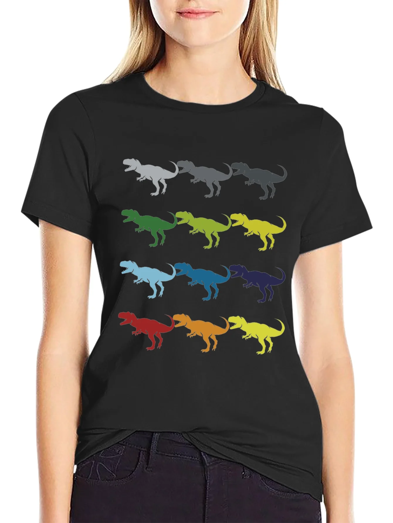 Dinosaur T-Rex Pattern Black Cotton T-Shirt
