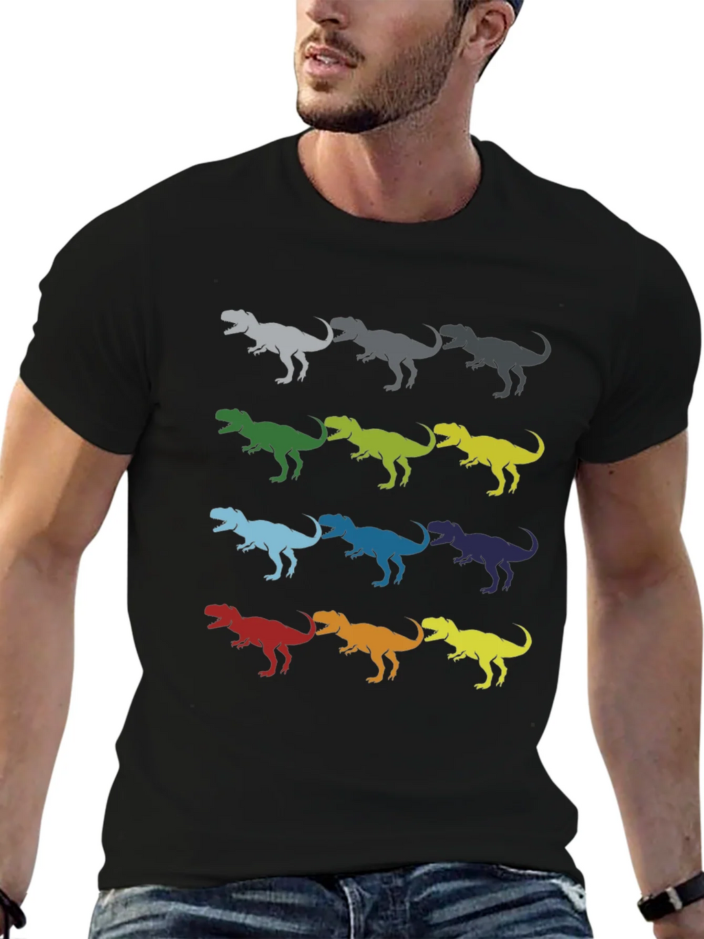 Dinosaur T-Rex Pattern Black Cotton T-Shirt