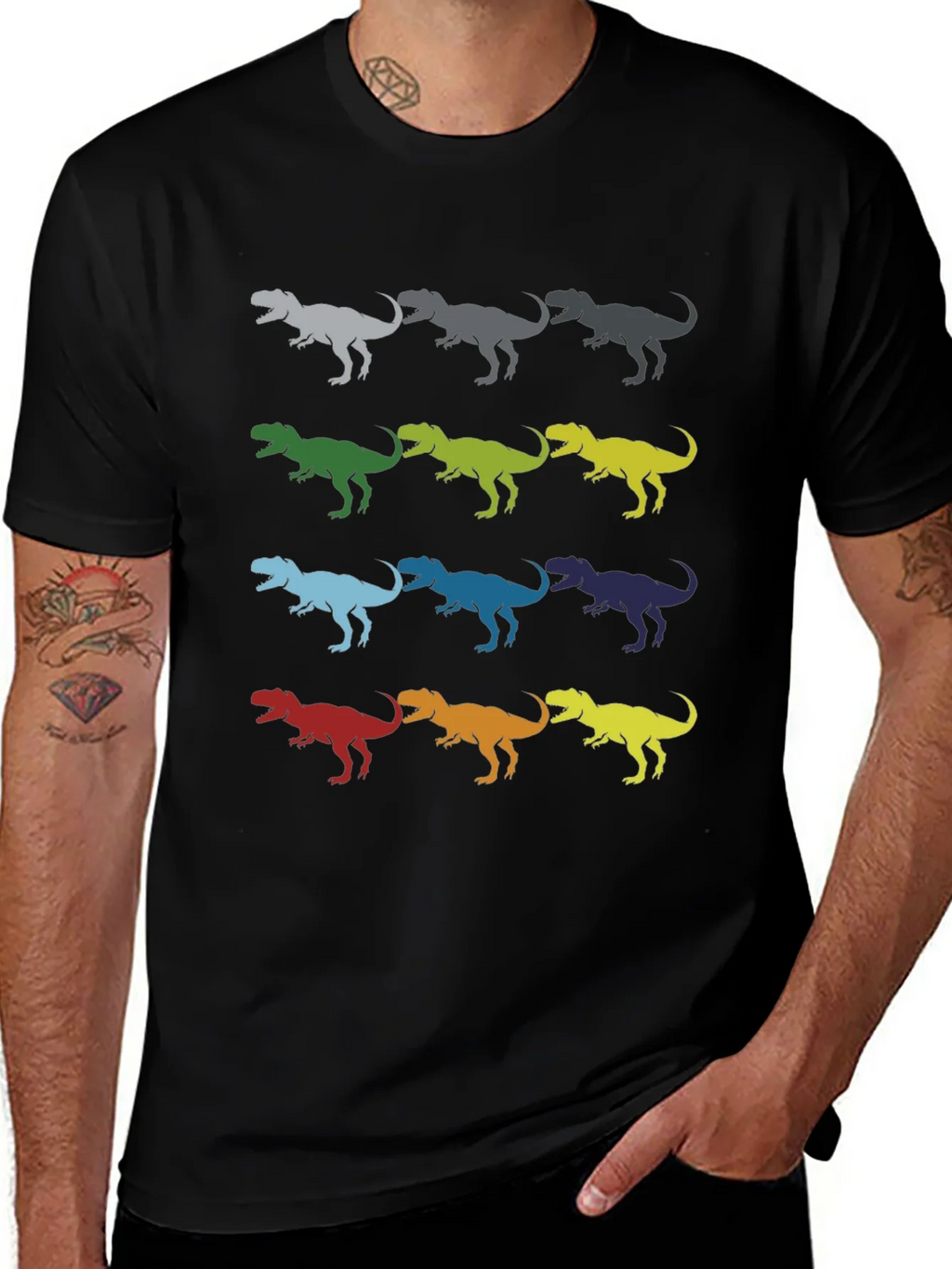 Dinosaur T-Rex Pattern Black Cotton T-Shirt