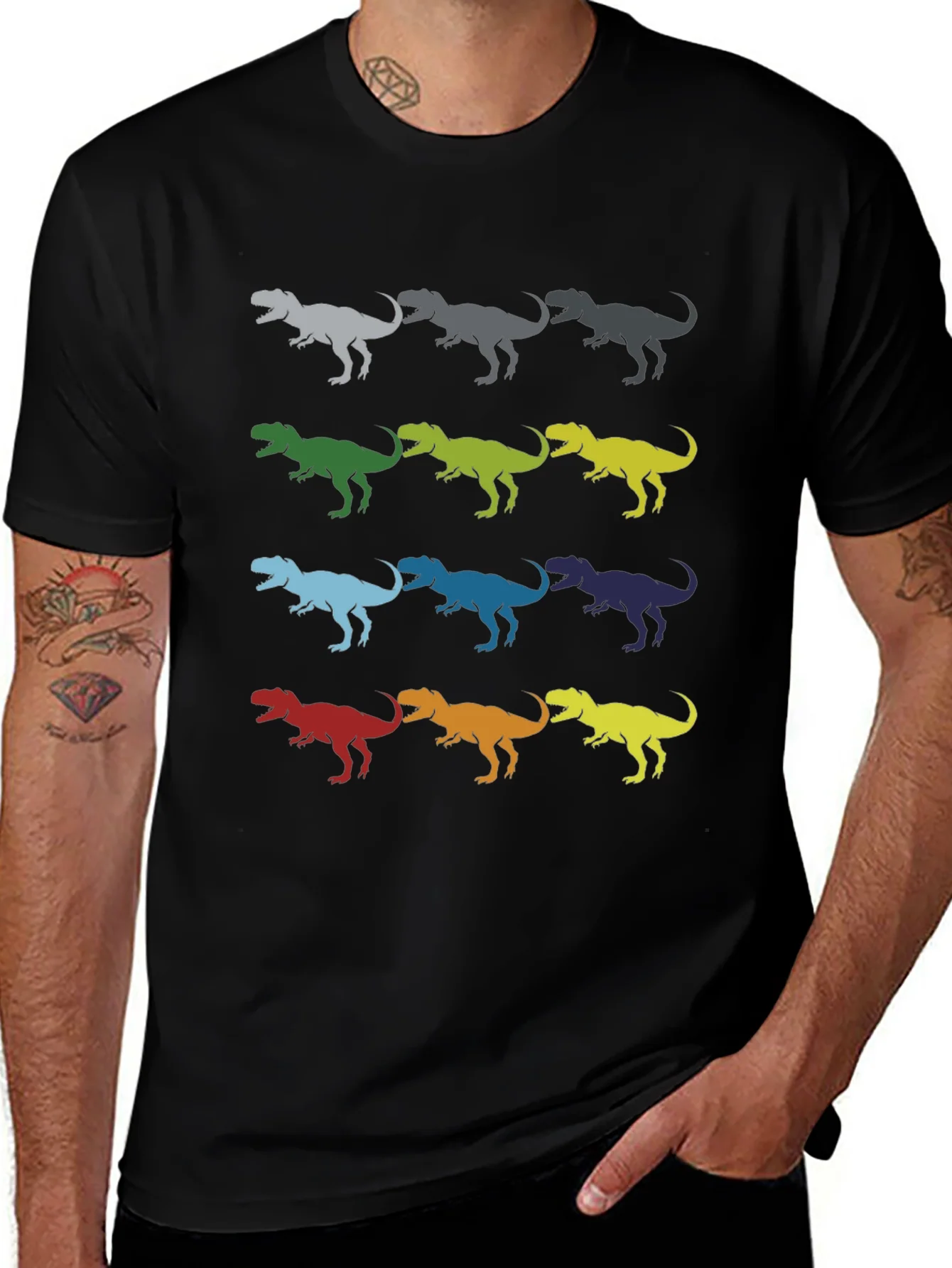 Dinosaur T-Rex Pattern Black Cotton T-Shirt