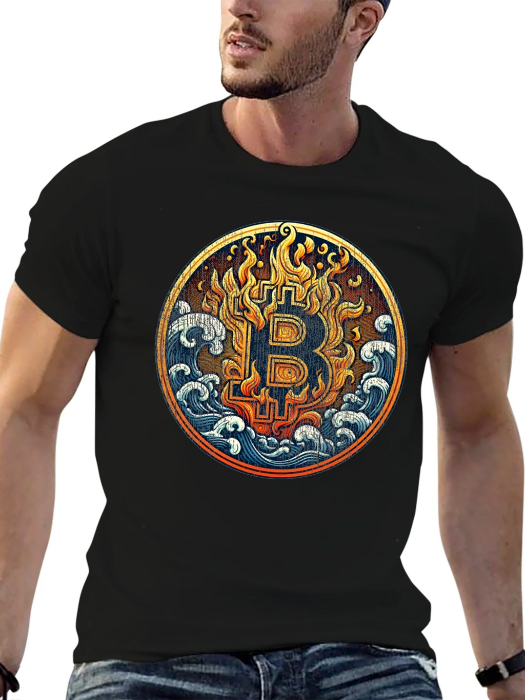 Bitcoin Fire & Water Graphic Black T-Shirt