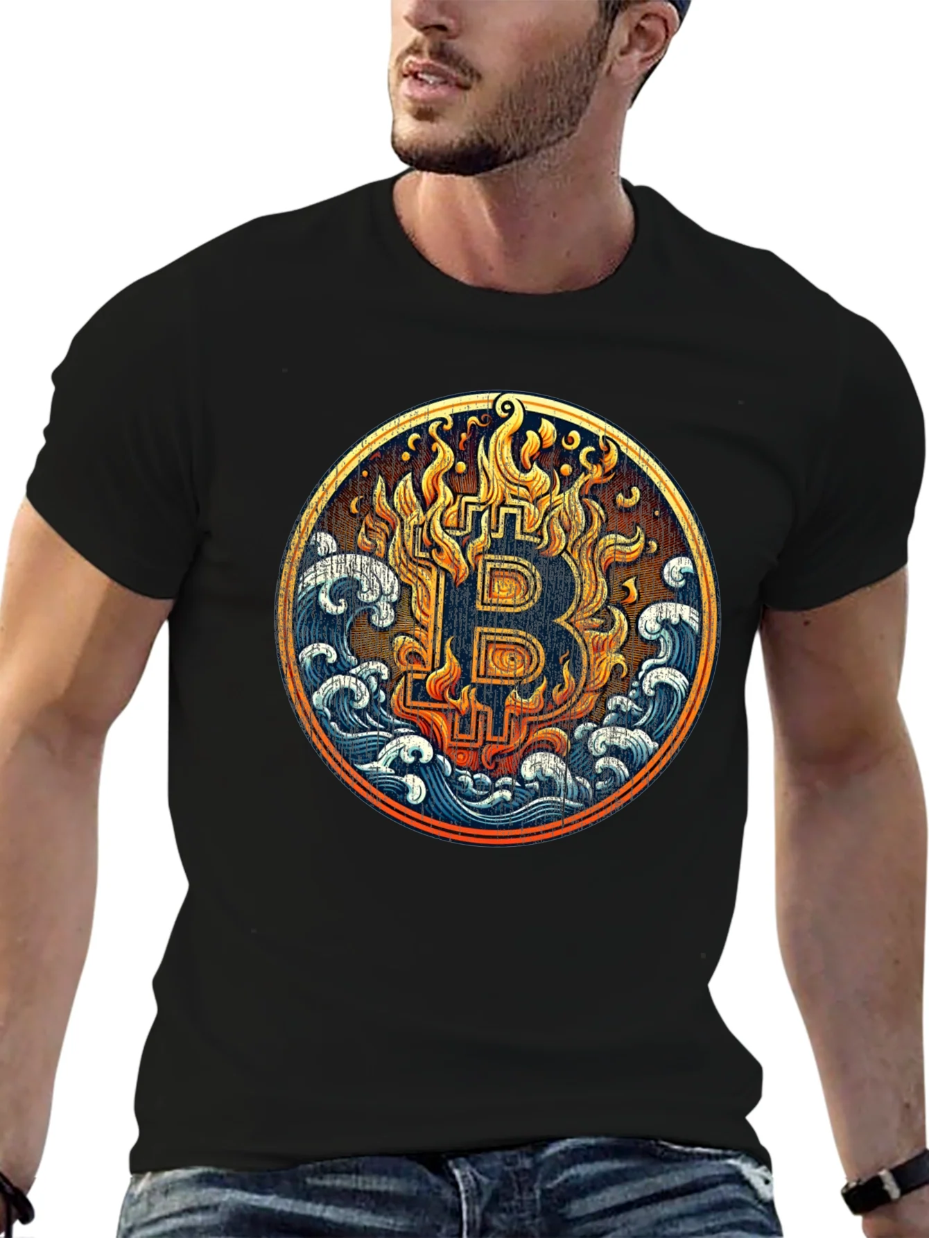 Bitcoin Fire & Water Graphic Black T-Shirt