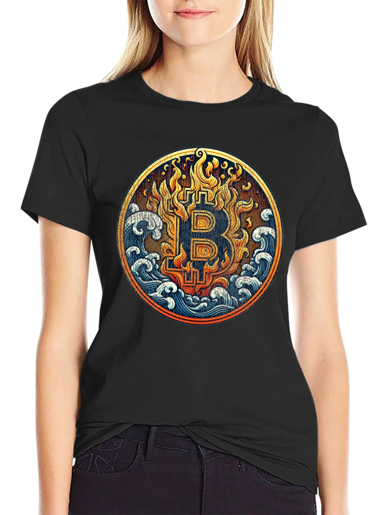 Bitcoin Fire & Water Graphic Black T-Shirt