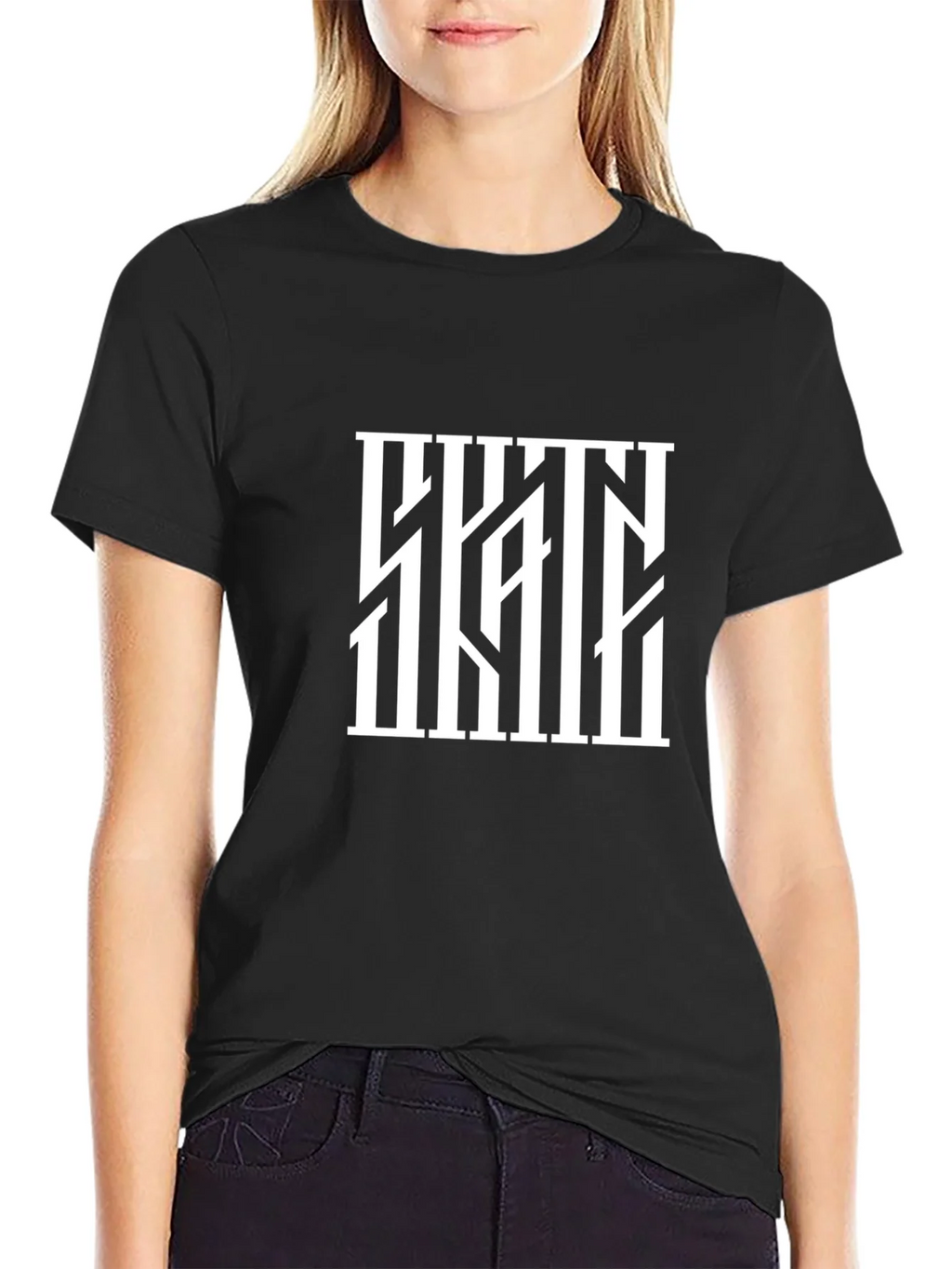 Abstract White Bars Graphic Black T-Shirt