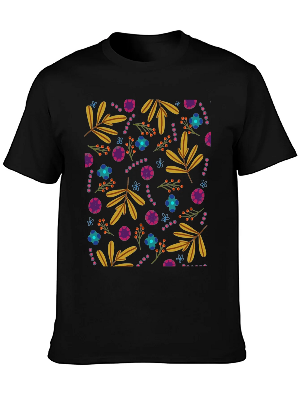 Floral Patterned Black Crew Neck Tee