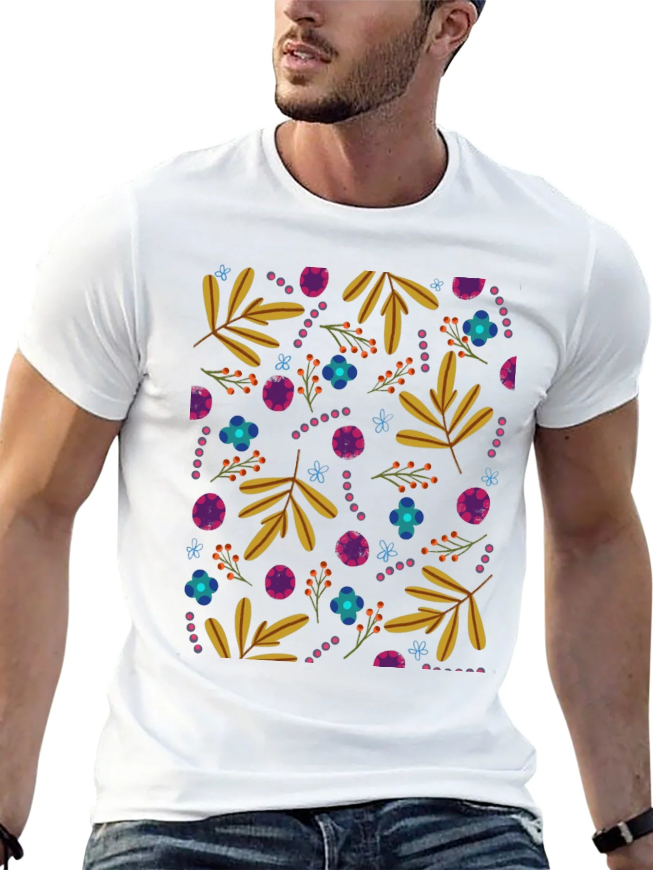Floral Patterned Black Crew Neck Tee