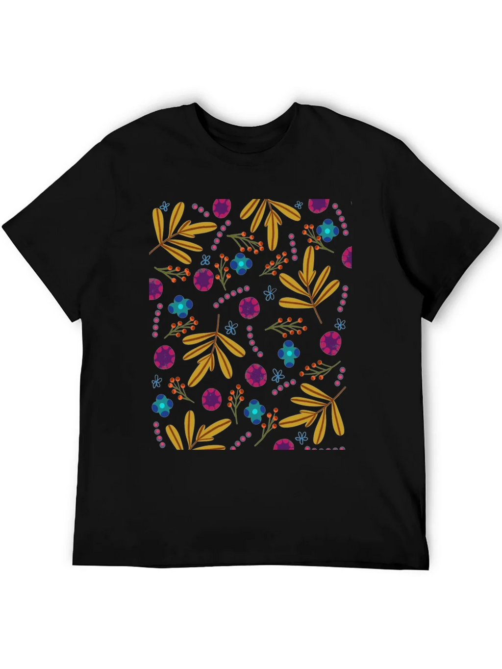 Floral Patterned Black Crew Neck Tee