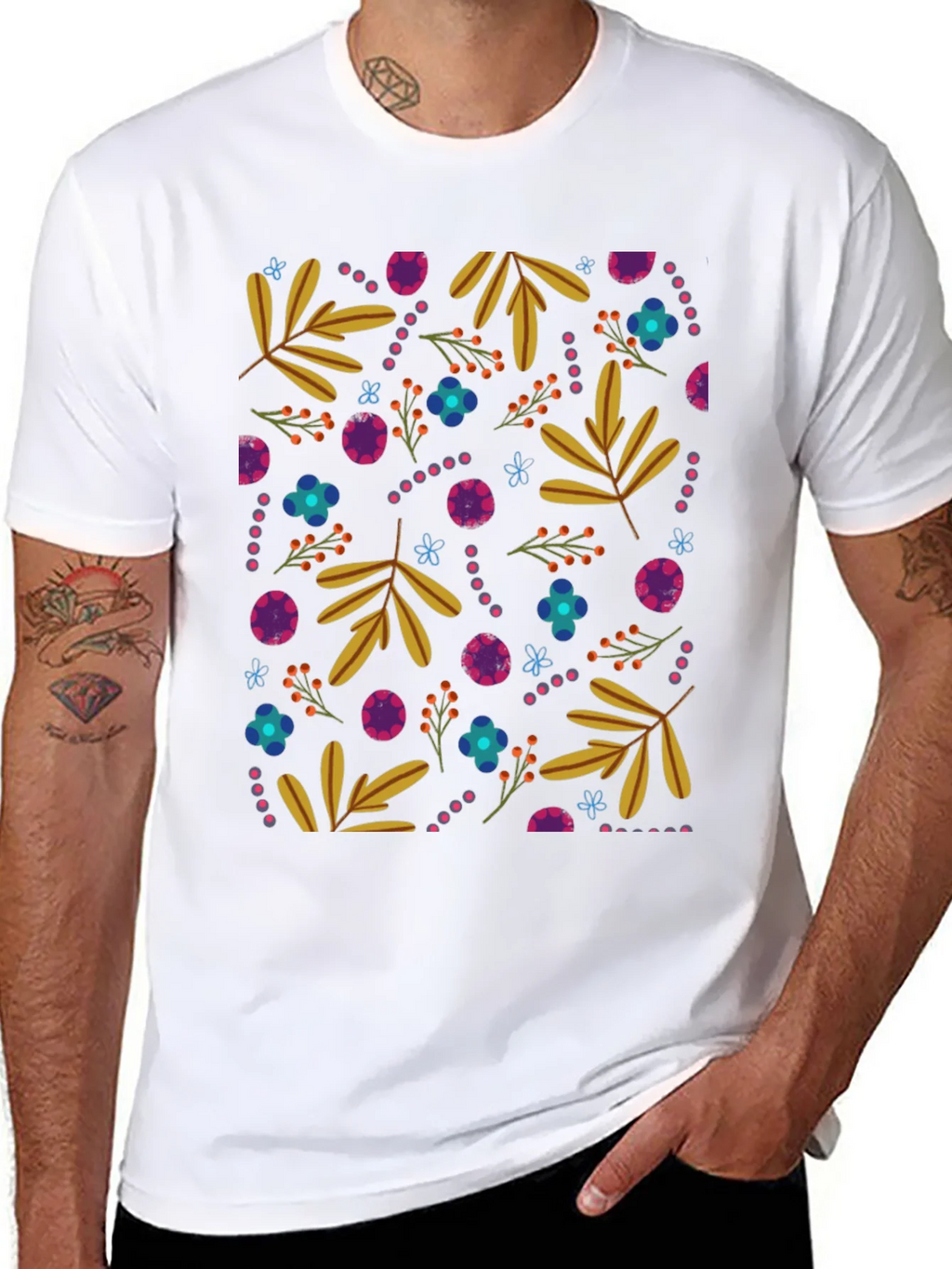 Floral Patterned Black Crew Neck Tee