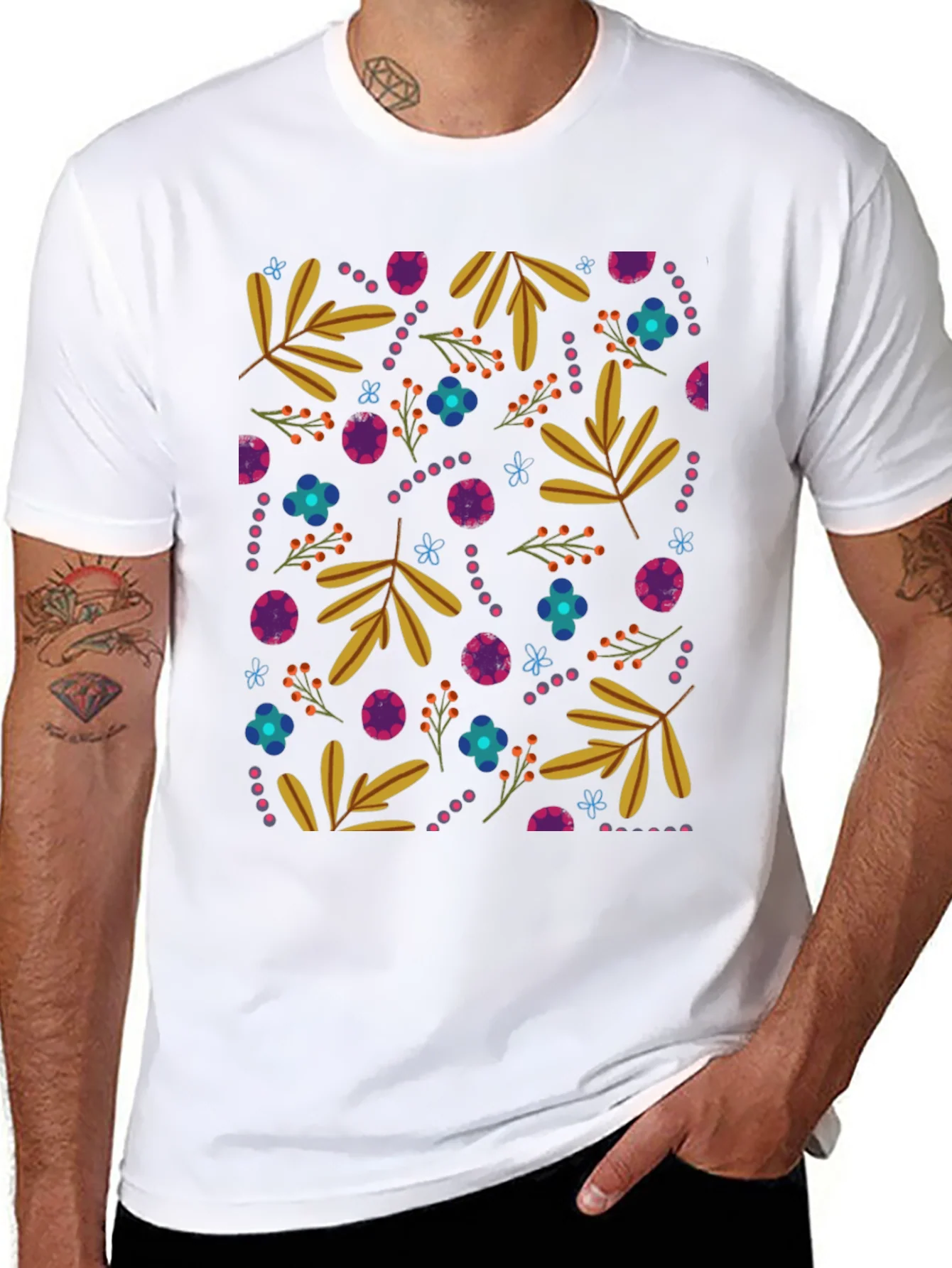 Floral Patterned Black Crew Neck Tee